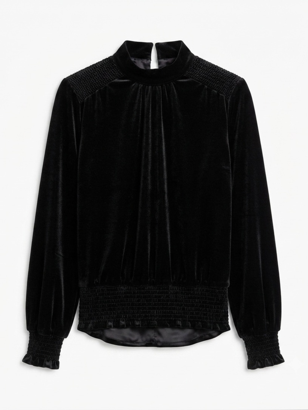 Laundry by Shelli Segal Black Velvet Mock Neck Smocked Blouse Top Medium